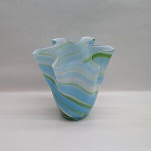Ruffled Handblown Art Glass Vase 7" Blue Green Swirl Wave Edge Home Decor